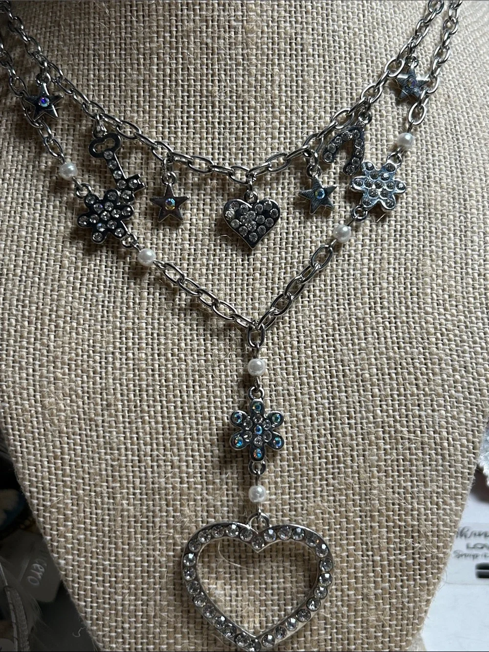 Silver-Tone Layered Heart & Floral Charm 18”Necklace - Sparkling Crystal Accents